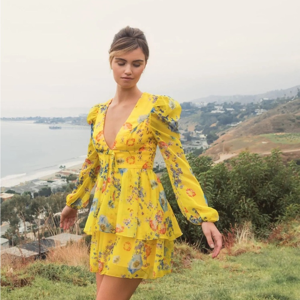 Ieena for Mac Duggal Yellow Floral Layered Ruffle Mini Dress